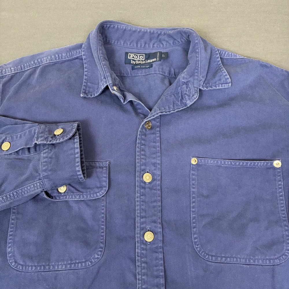 VTG Polo Ralph Lauren Blue Heavy Cotton Chamois Button Down Shirt Men's Large